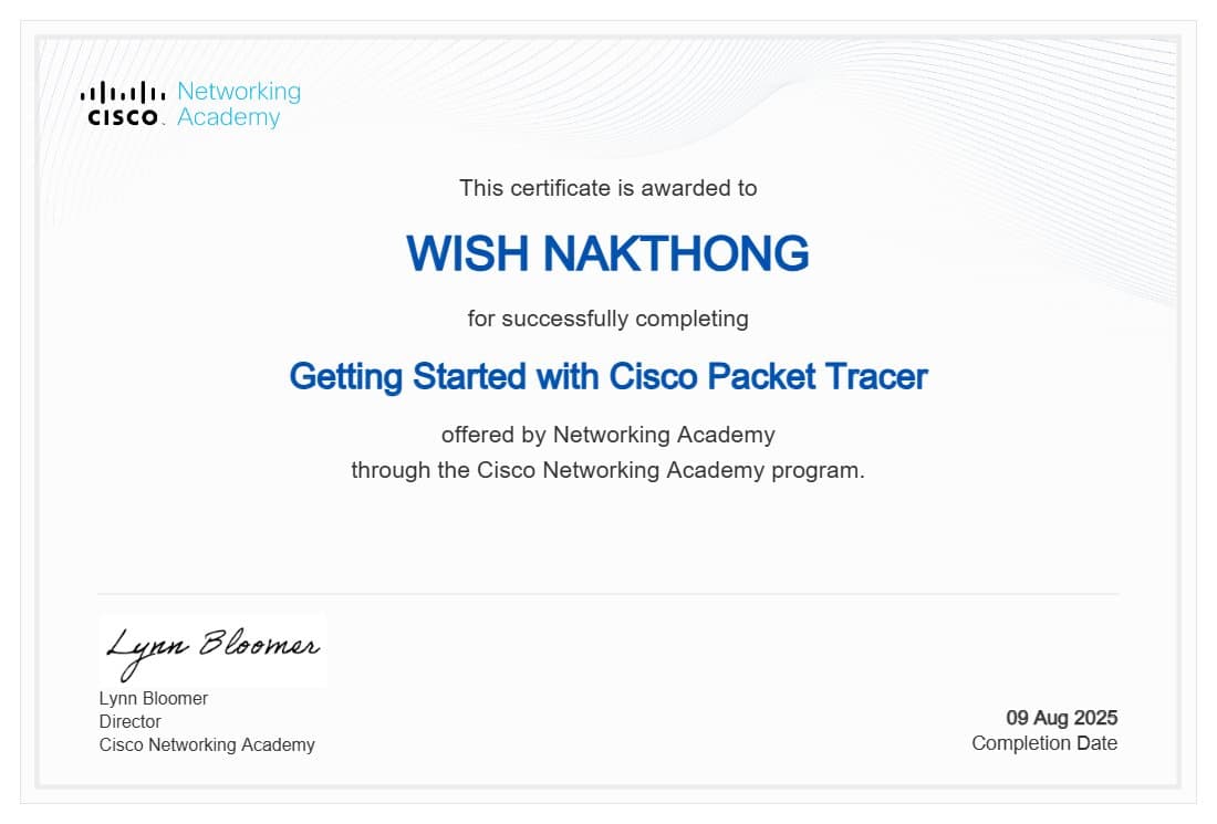 Preview of the Cisco Packet Tracer certificate